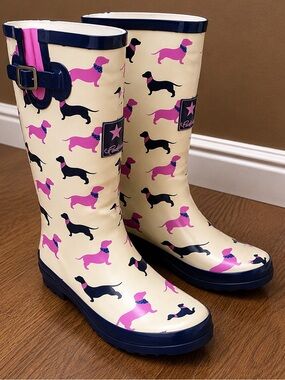 Dachshund Dog Print Rain Boots Womens 10 Cream Pink Rubber Wellington